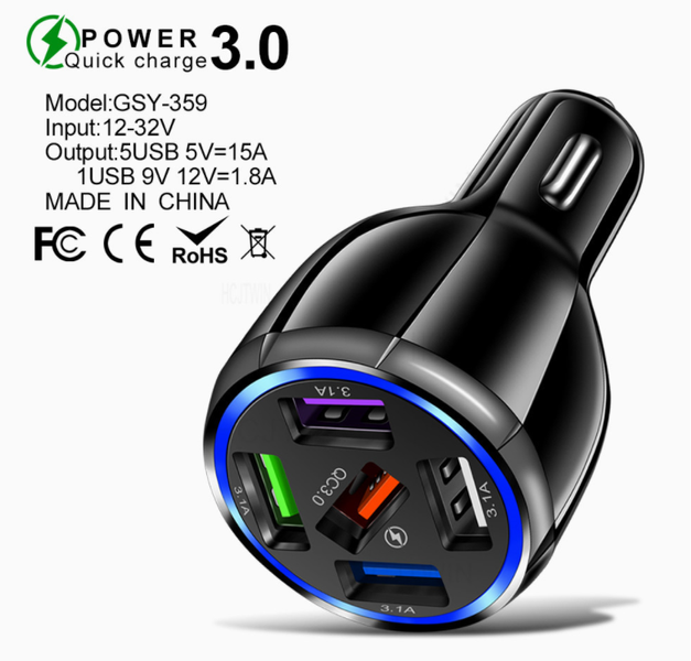 Автомобільний Зарядний Пристрій 5USB Quick Charge 3.0 75W (BK-359) (black) 013736-115 фото