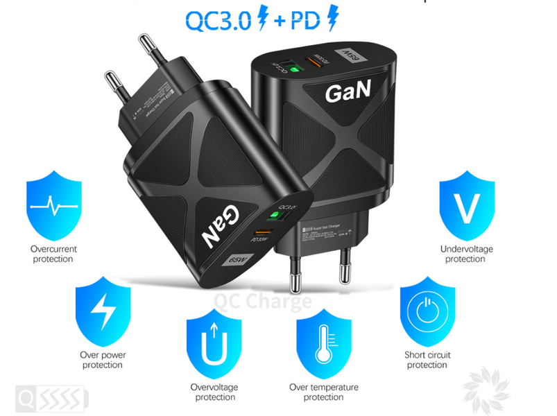 Зарядний пристрій Fast Charger GaN PD+QC3.0 65 W USB / Type-C (BK389) (black) 014506-115 фото